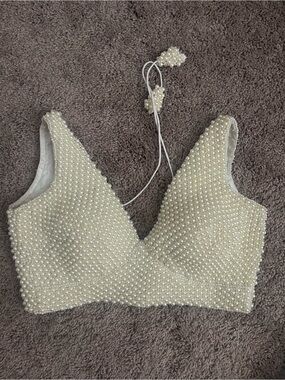 Pearl-Embellished Cream V-Neck Crop Top